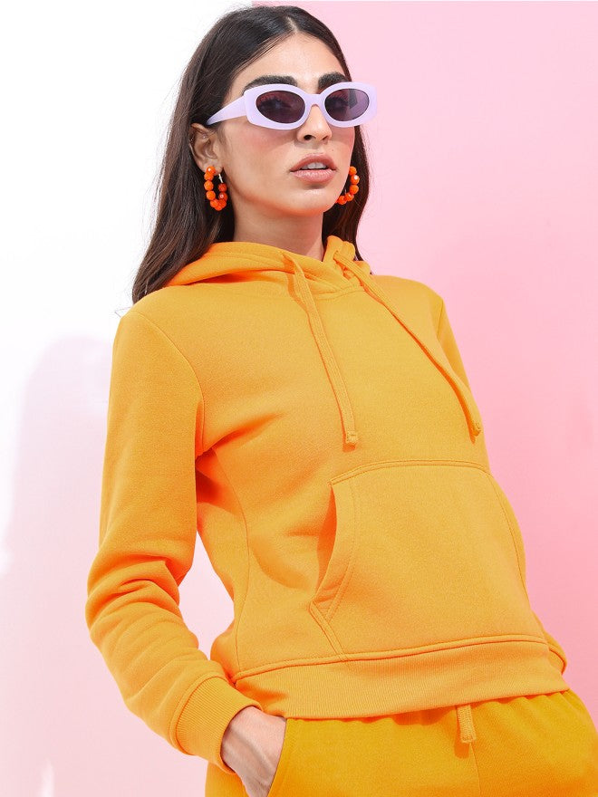 Tokyo Talkies Women Orange Solid Pullover Hood Sweatshirt - Orange - Image 4