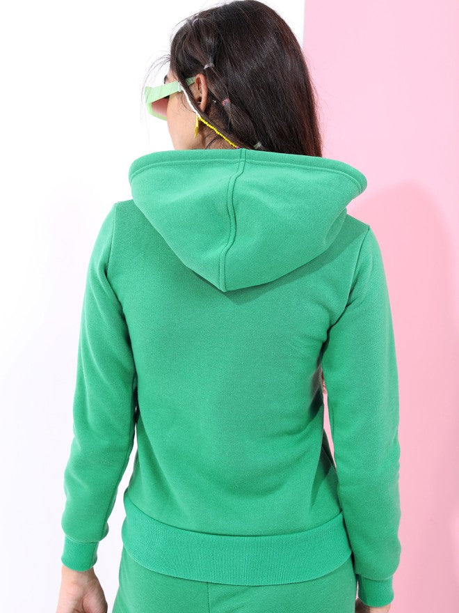 Tokyo Talkies Women Green Solid Front Open Hood Sweatshirt - Green - Image 2