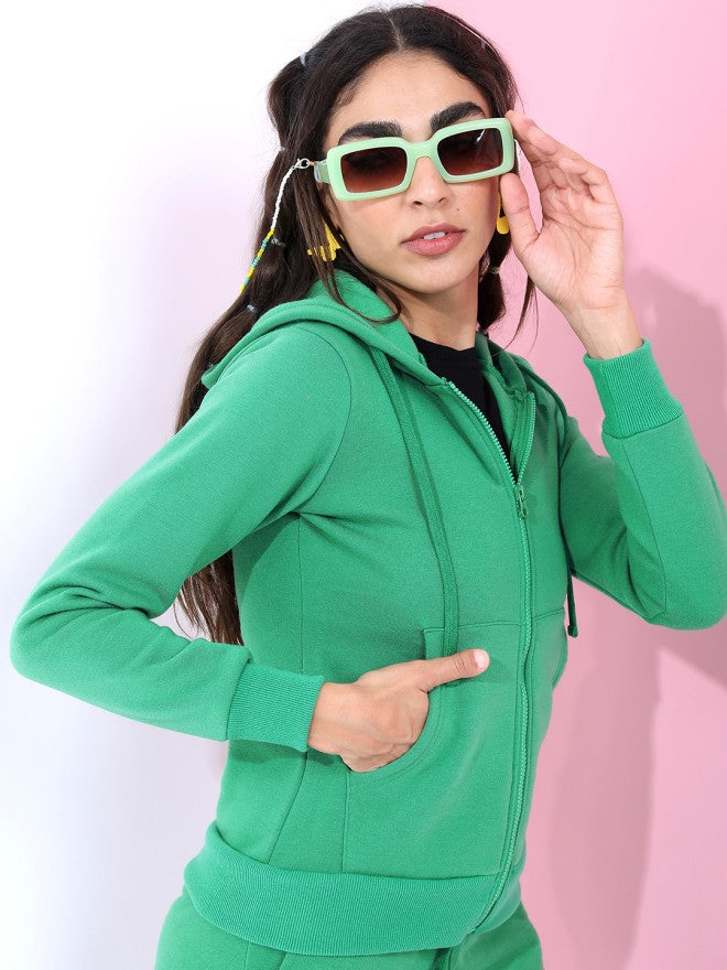 Tokyo Talkies Women Green Solid Front Open Hood Sweatshirt - Green - Image 5