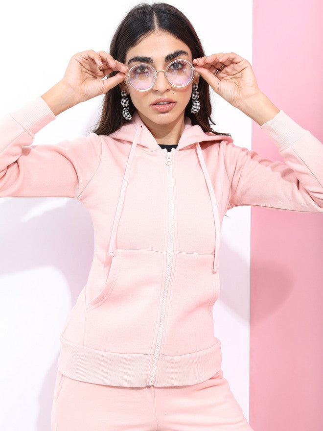 Tokyo Talkies Women Pink Solid Front Open Hood Sweatshirt - Pink - Image 3