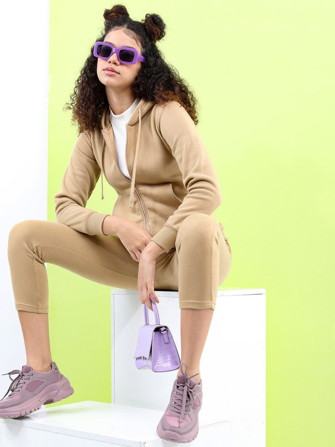Tokyo Talkies Women Khaki Solid Front Open Hood Sweatshirt - Khaki - Image 1