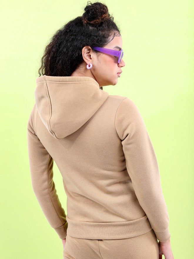 Tokyo Talkies Women Khaki Solid Front Open Hood Sweatshirt - Khaki - Image 2