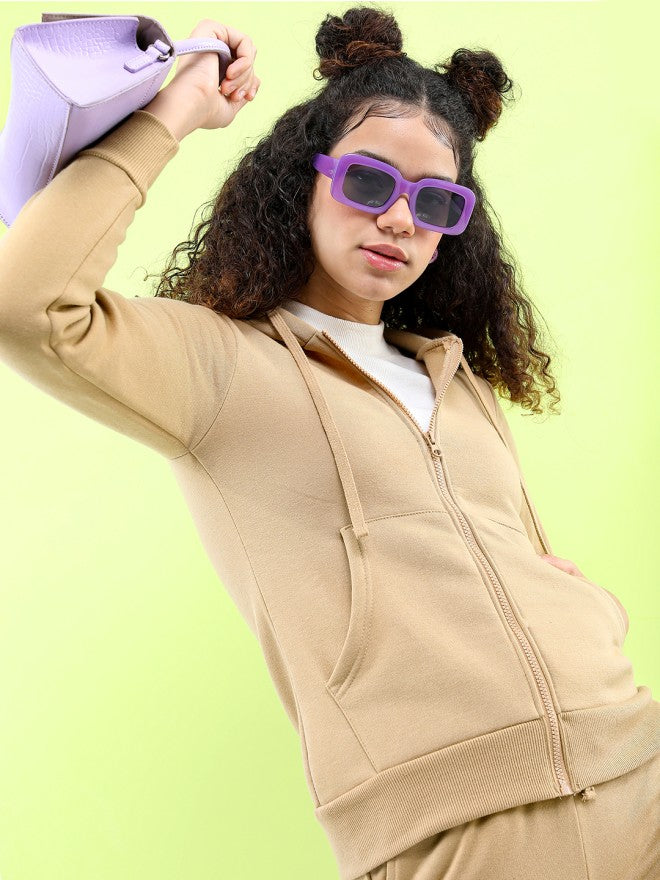 Tokyo Talkies Women Khaki Solid Front Open Hood Sweatshirt - Khaki - Image 5