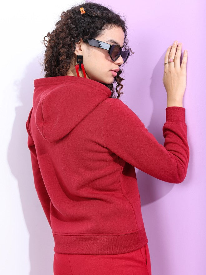 Tokyo Talkies Women Maroon Solid Pullover Hood Sweatshirt - Maroon - Image 2