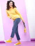 Tokyo Talkies Women Yellow Solid Pullover Hood Sweatshirt - Yellow - Image 1