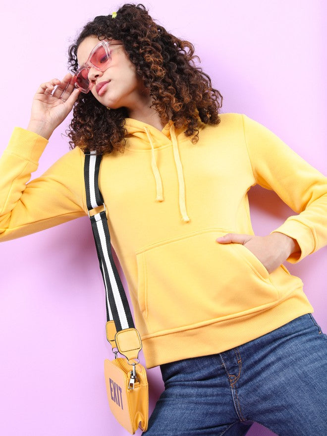 Tokyo Talkies Women Yellow Solid Pullover Hood Sweatshirt - Yellow - Image 3