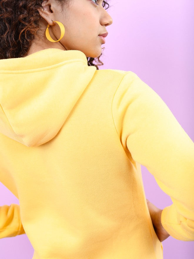Tokyo Talkies Women Yellow Solid Pullover Hood Sweatshirt - Yellow - Image 4