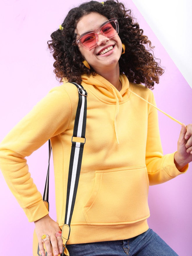 Tokyo Talkies Women Yellow Solid Pullover Hood Sweatshirt - Yellow - Image 5
