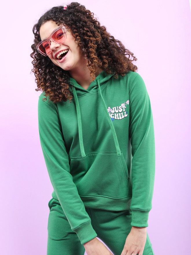 Tokyo Talkies Women Green Solid Pullover Hood Sweatshirt - Green - Image 3
