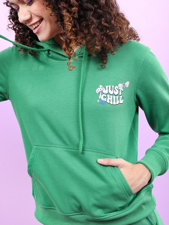 Tokyo Talkies Women Green Solid Pullover Hood Sweatshirt - Green - Image 4