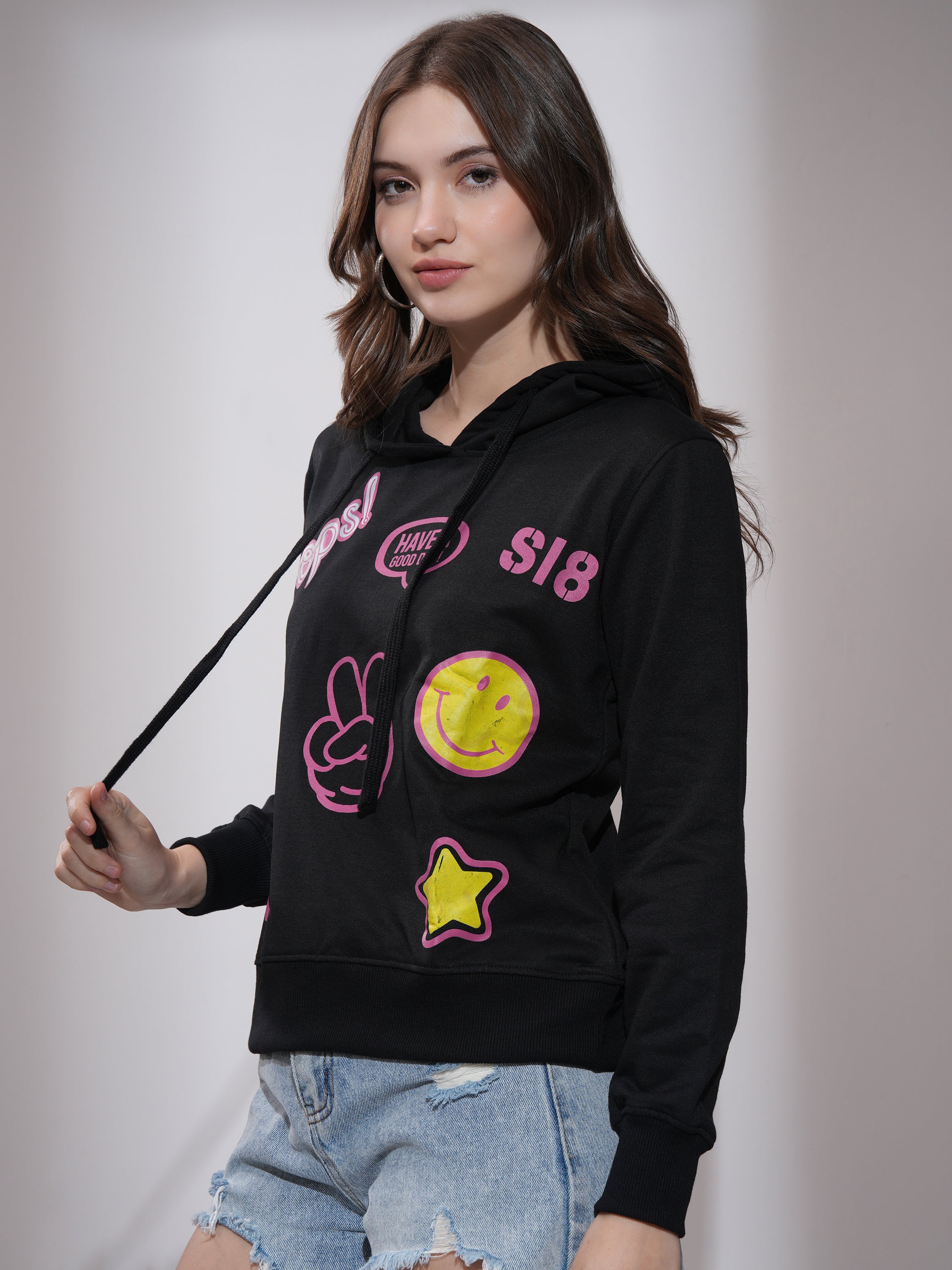 Tokyo Talkies Women Black Printed Pullover Hood Sweatshirt - Black - Image 4