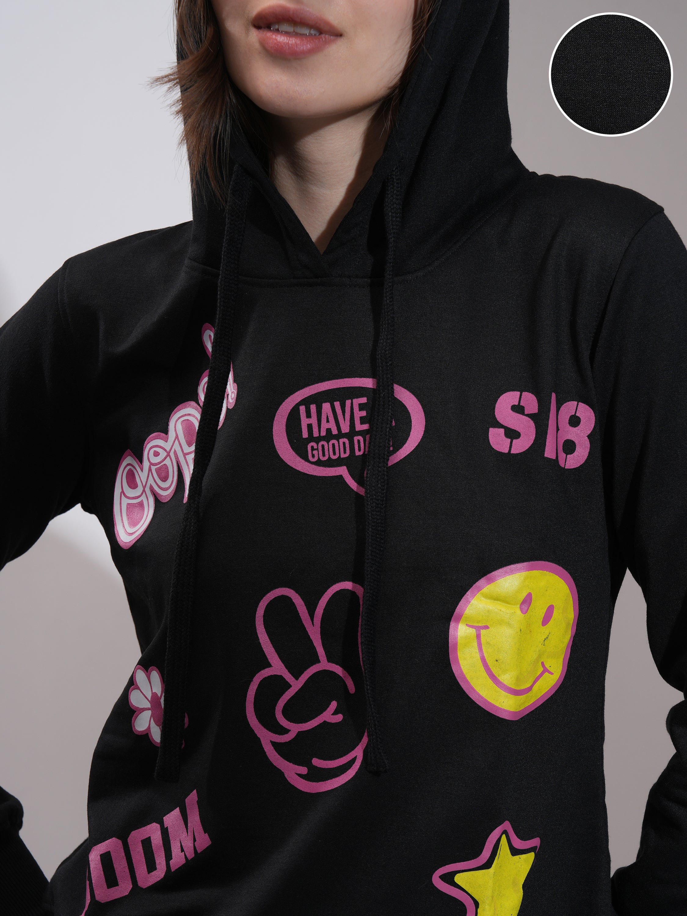 Tokyo Talkies Women Black Printed Pullover Hood Sweatshirt - Black - Image 5