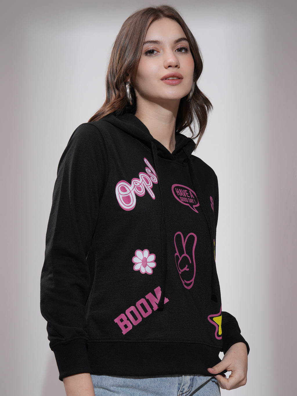 Tokyo Talkies Women Black Printed Pullover Hood Sweatshirt - Black - Image 6