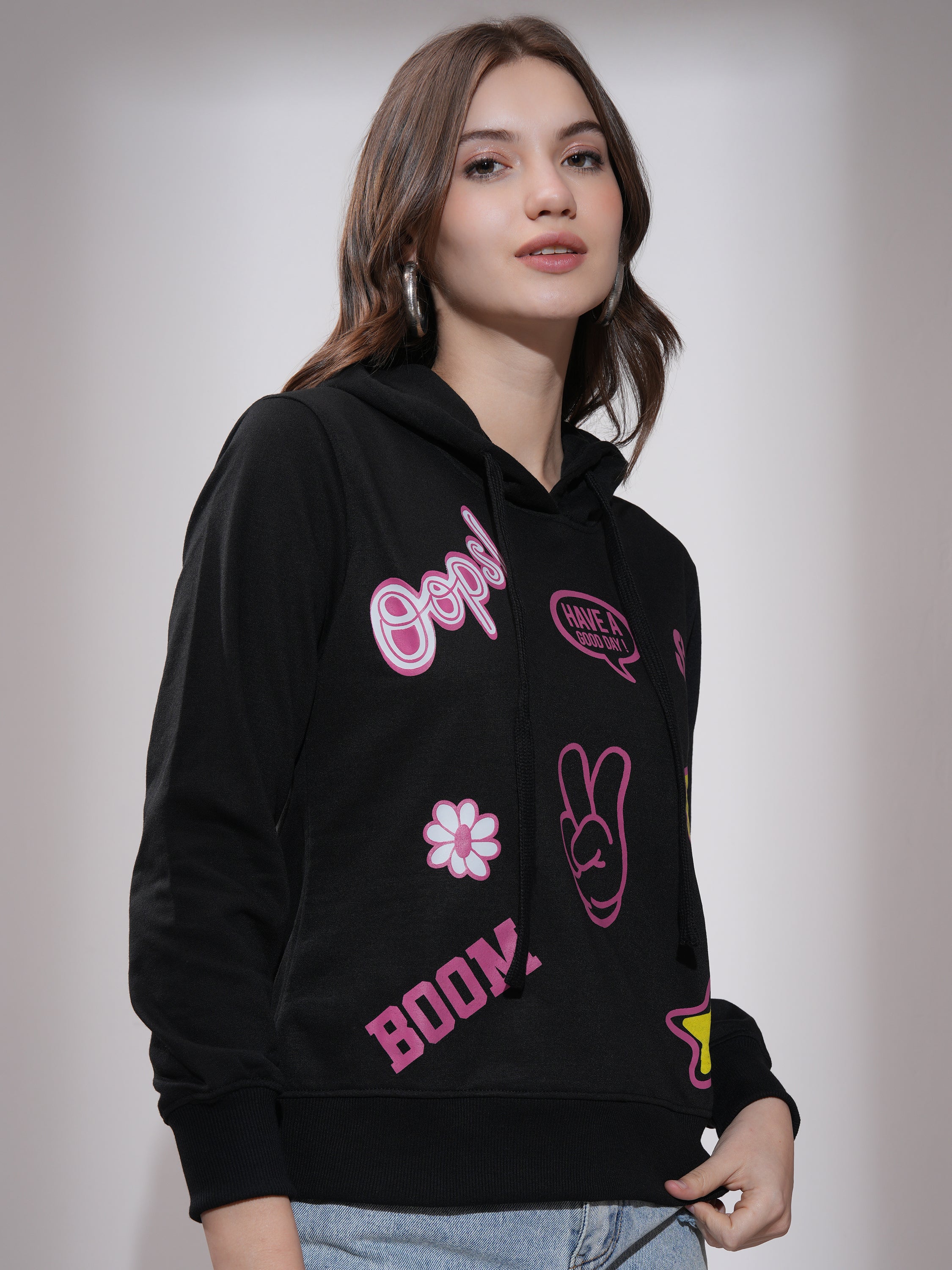 Tokyo Talkies Women Black Printed Pullover Hood Sweatshirt - Black - Image 6