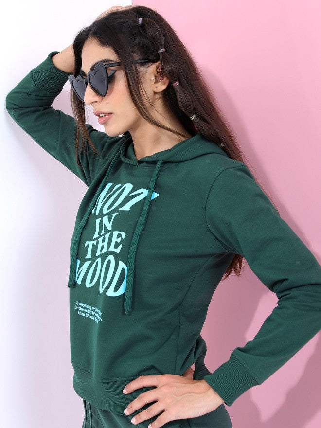 Tokyo Talkies Women Green Printed Pullover Hood Sweatshirt - Green - Image 3