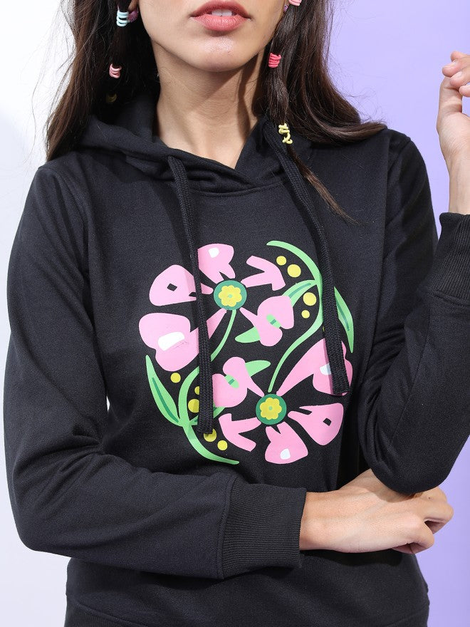 Tokyo Talkies Women Black Printed Pullover Hood Sweatshirt - Black - Image 4