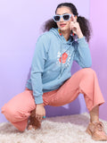 Tokyo Talkies Women Blue Printed Pullover Hood Sweatshirt - Blue - Image 1