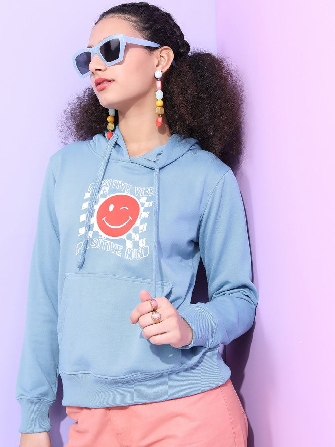 Tokyo Talkies Women Blue Printed Pullover Hood Sweatshirt - Blue - Image 3