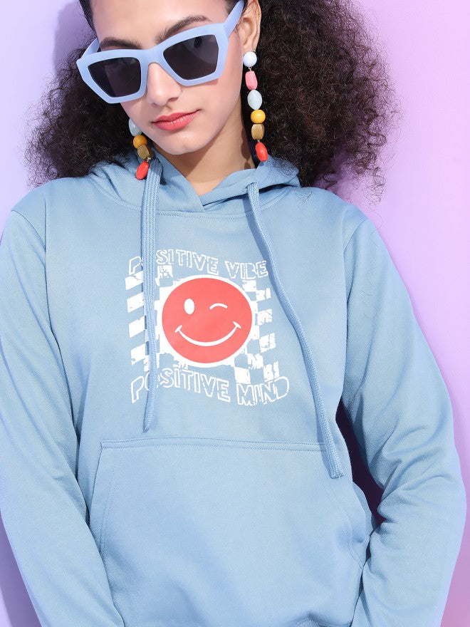 Tokyo Talkies Women Blue Printed Pullover Hood Sweatshirt - Blue - Image 4