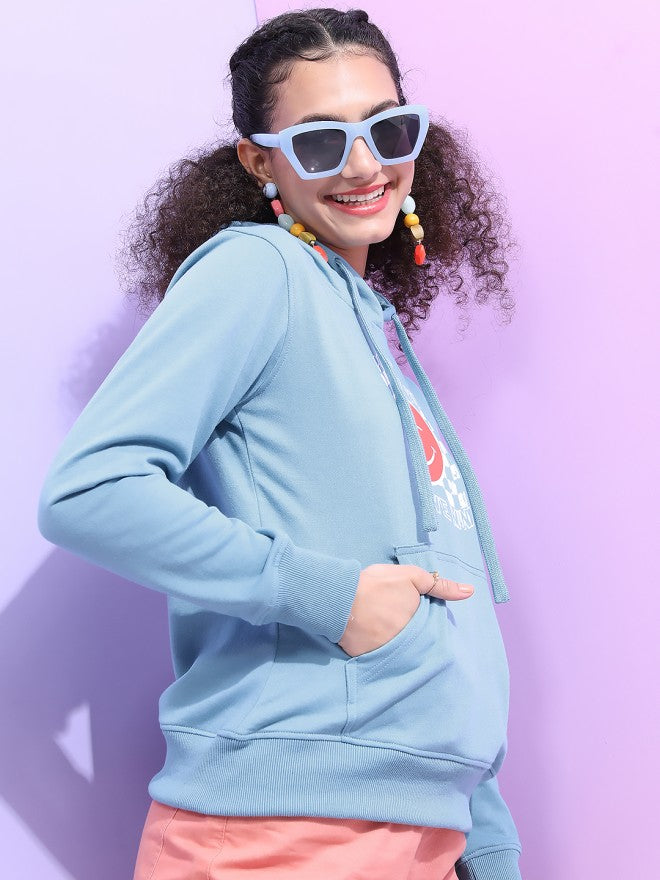 Tokyo Talkies Women Blue Printed Pullover Hood Sweatshirt - Blue - Image 5