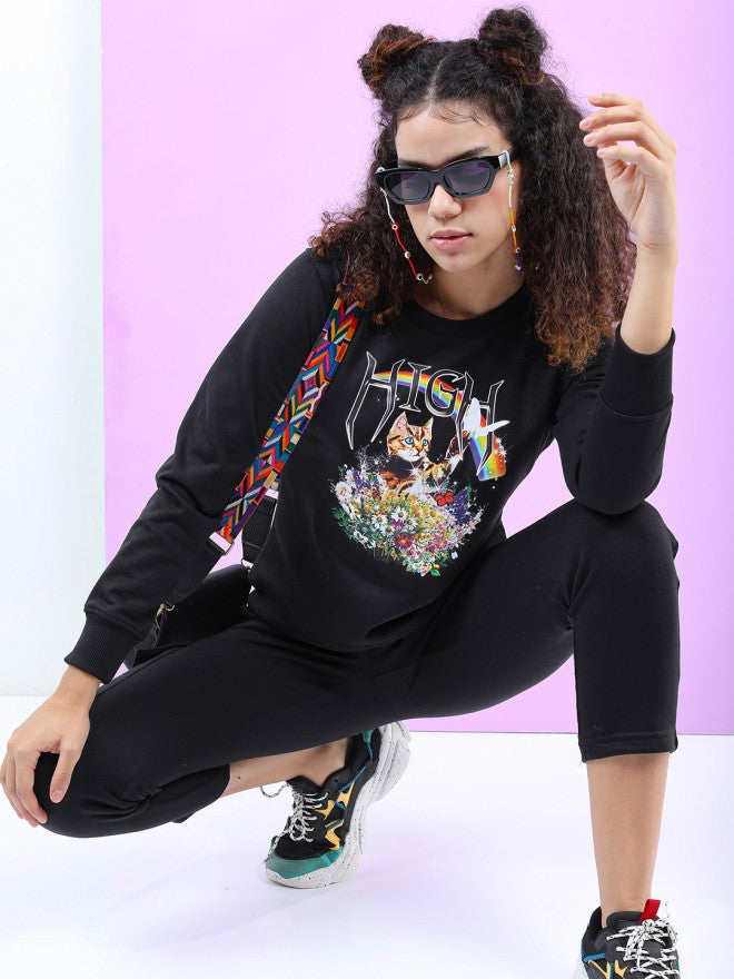 Tokyo Talkies Women Black Printed Pullover Round Neck Sweatshirt - Black - Image 1
