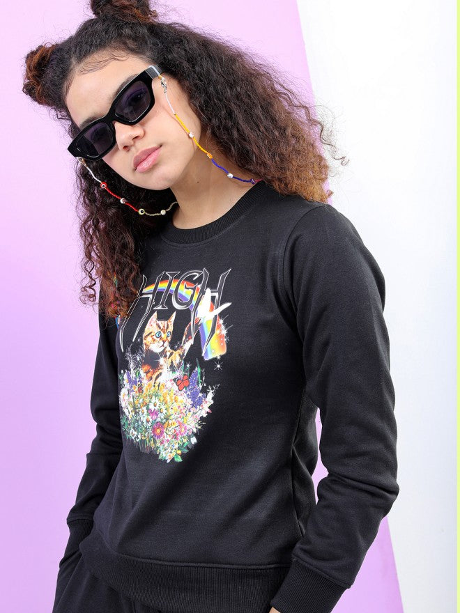 Tokyo Talkies Women Black Printed Pullover Round Neck Sweatshirt - Black - Image 3