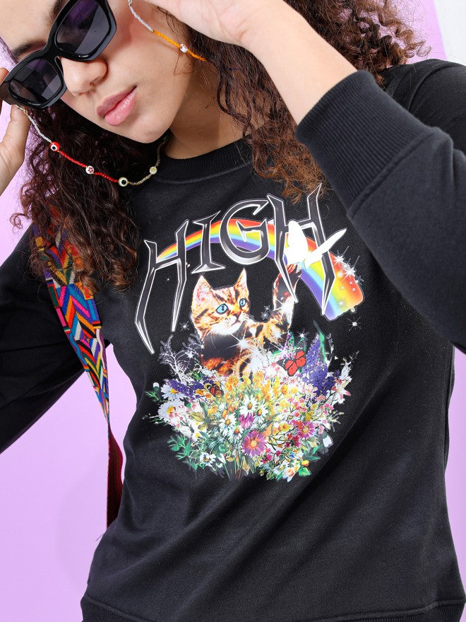 Tokyo Talkies Women Black Printed Pullover Round Neck Sweatshirt - Black - Image 4