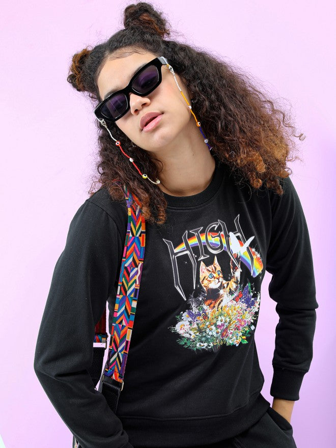 Tokyo Talkies Women Black Printed Pullover Round Neck Sweatshirt - Black - Image 5