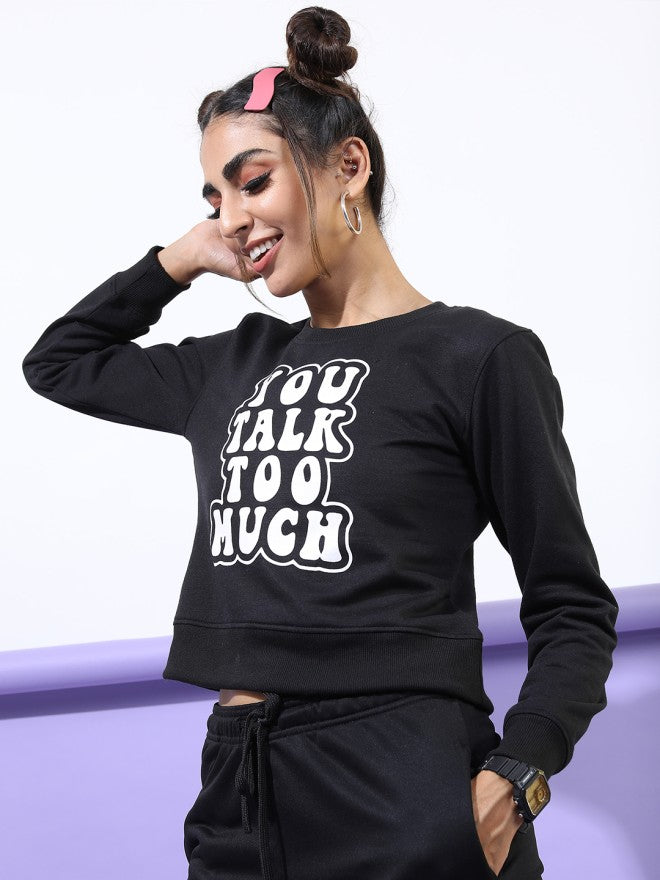 Tokyo Talkies Women Black Printed Pullover Round Neck Sweatshirt - Black - Image 3