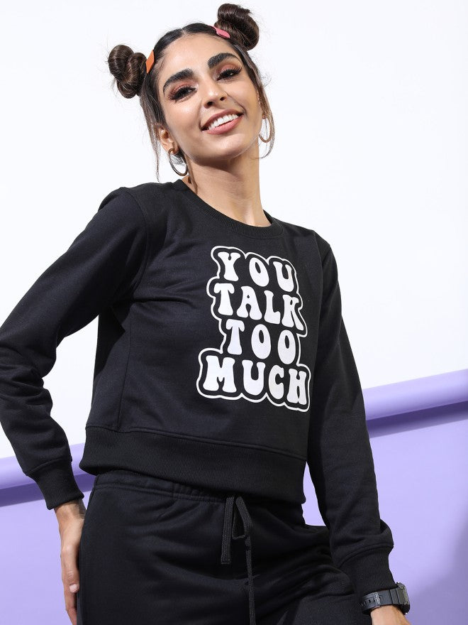 Tokyo Talkies Women Black Printed Pullover Round Neck Sweatshirt - Black - Image 5
