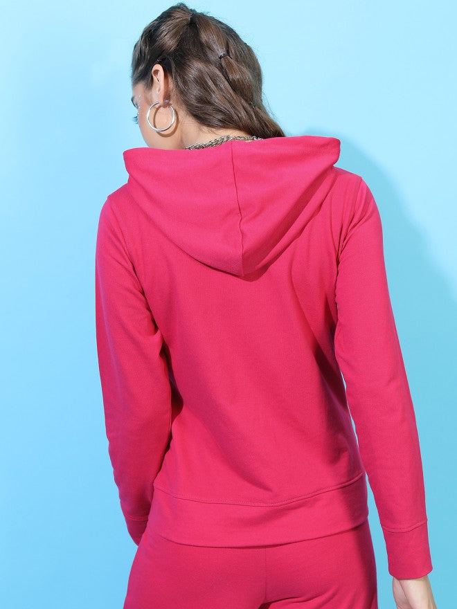 Tokyo Talkies Women Pink Solid Front Open Hood Sweatshirt - Pink - Image 2