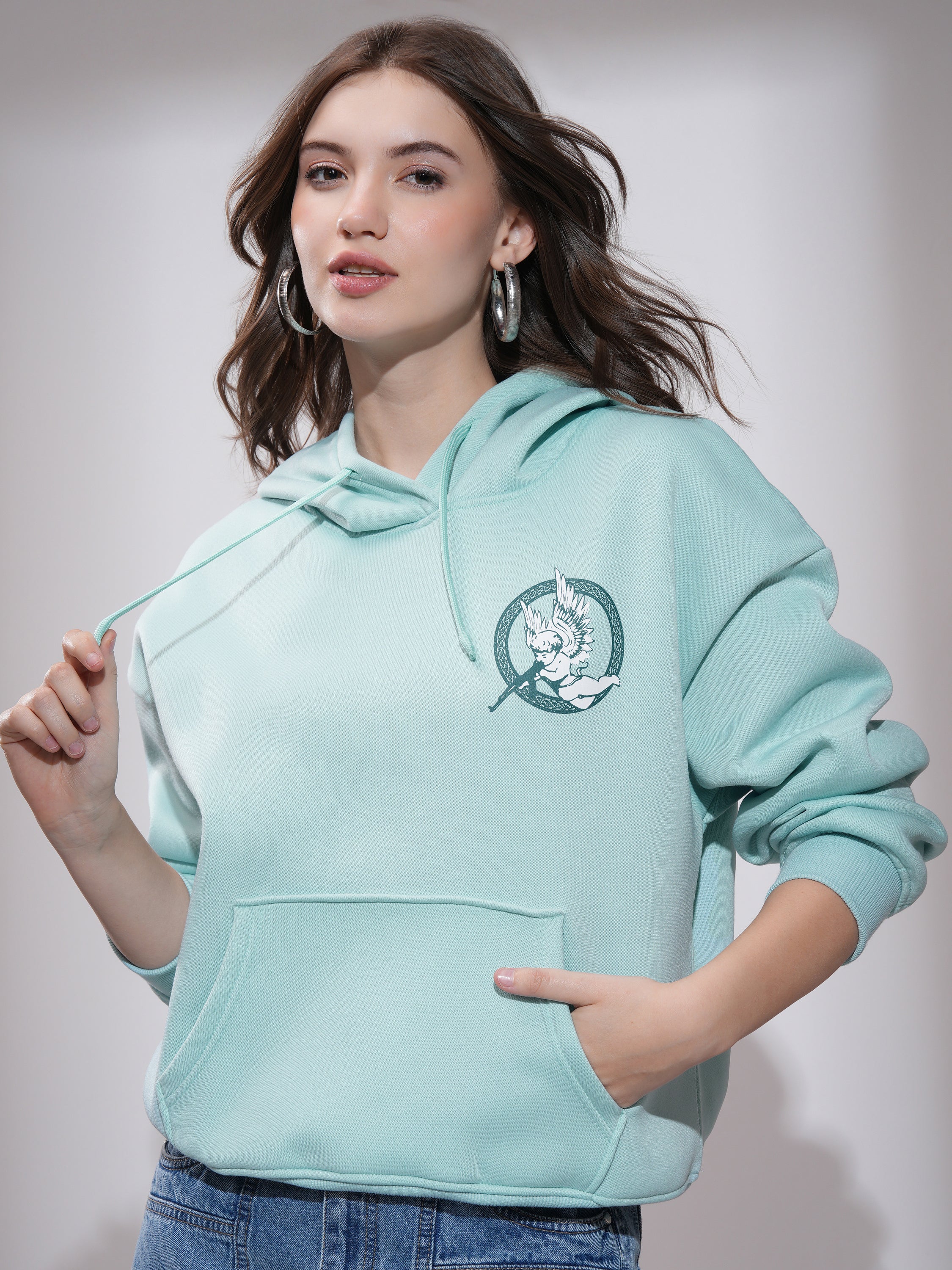 Tokyo Talkies Women Blue Printed Pullover Hood Sweatshirt - Blue - Image 3