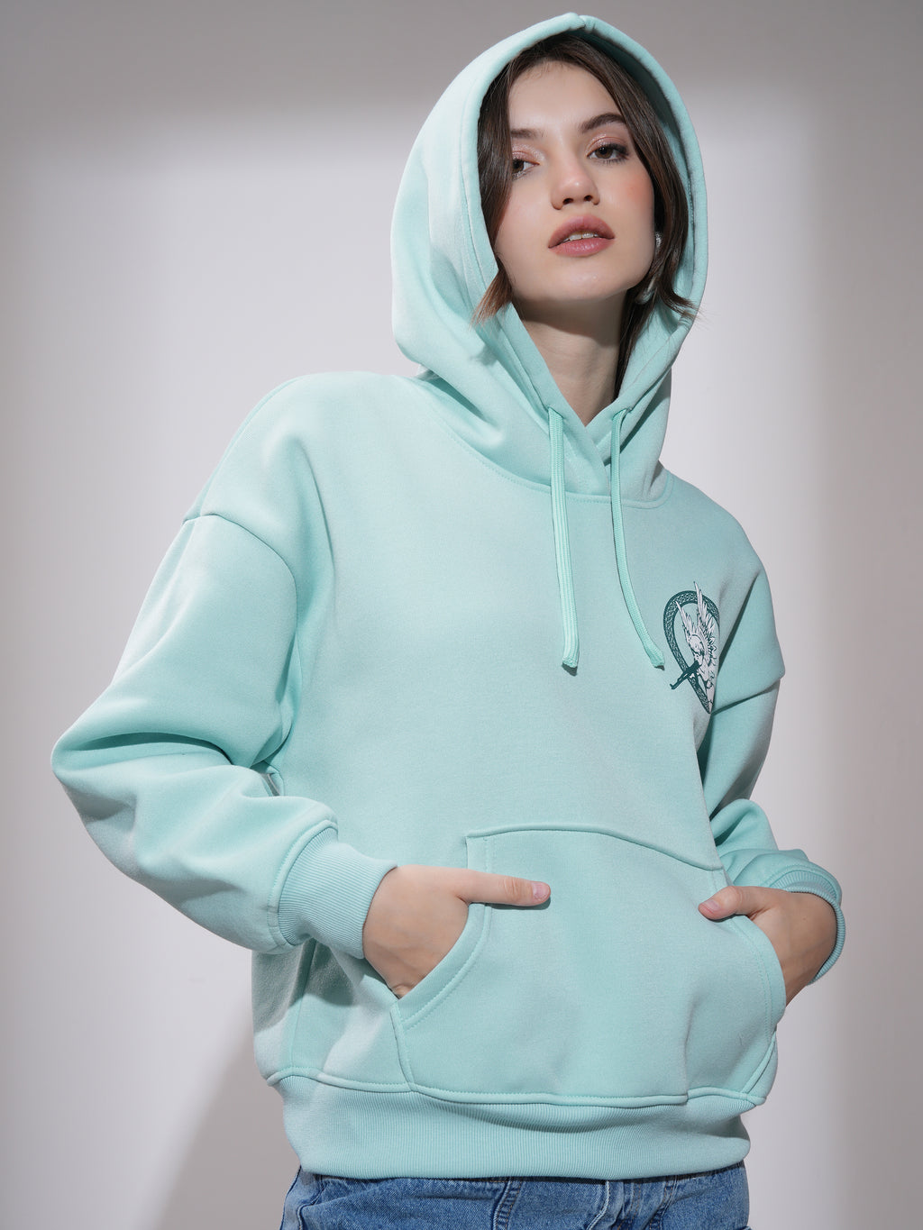 Tokyo Talkies Women Blue Printed Pullover Hood Sweatshirt - Blue - Image 6
