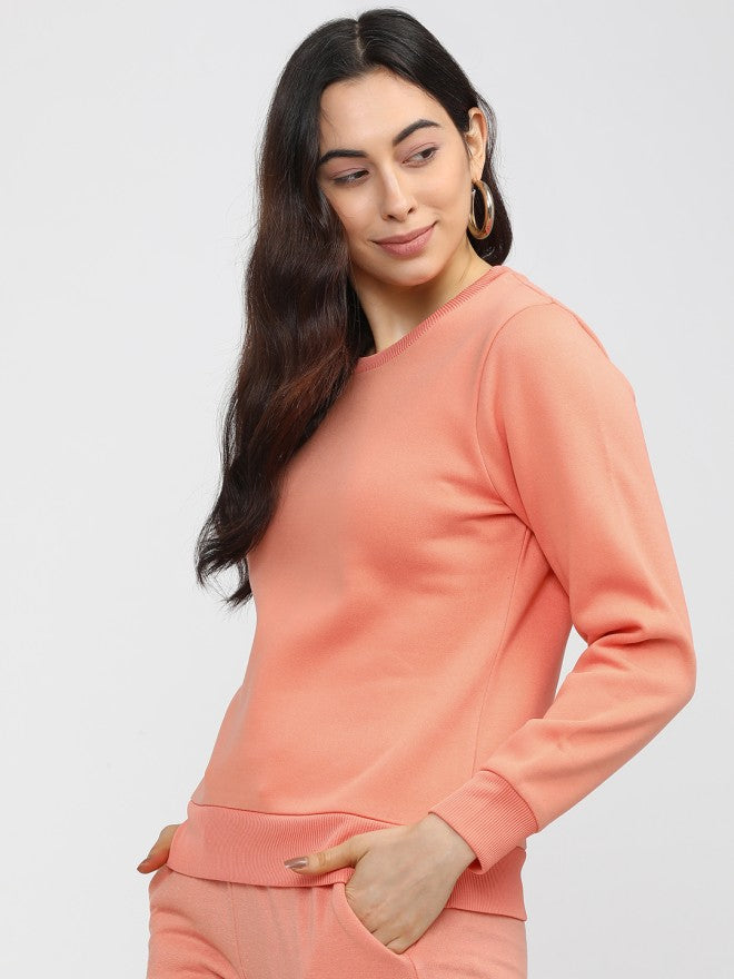 Tokyo Talkies Women Pink Solid Pullover Round Neck Sweatshirt - Pink - Image 1