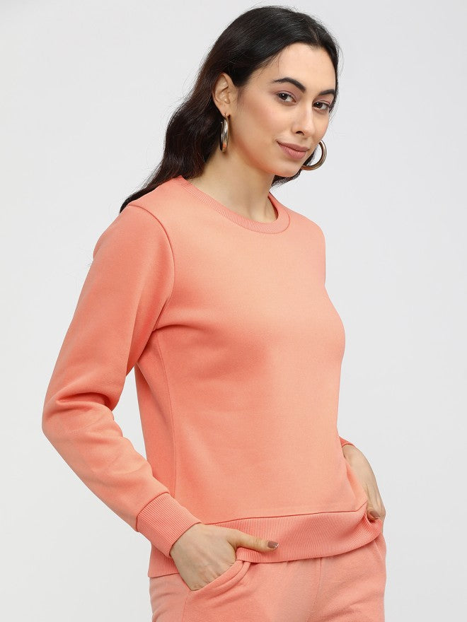 Tokyo Talkies Women Pink Solid Pullover Round Neck Sweatshirt - Pink - Image 5