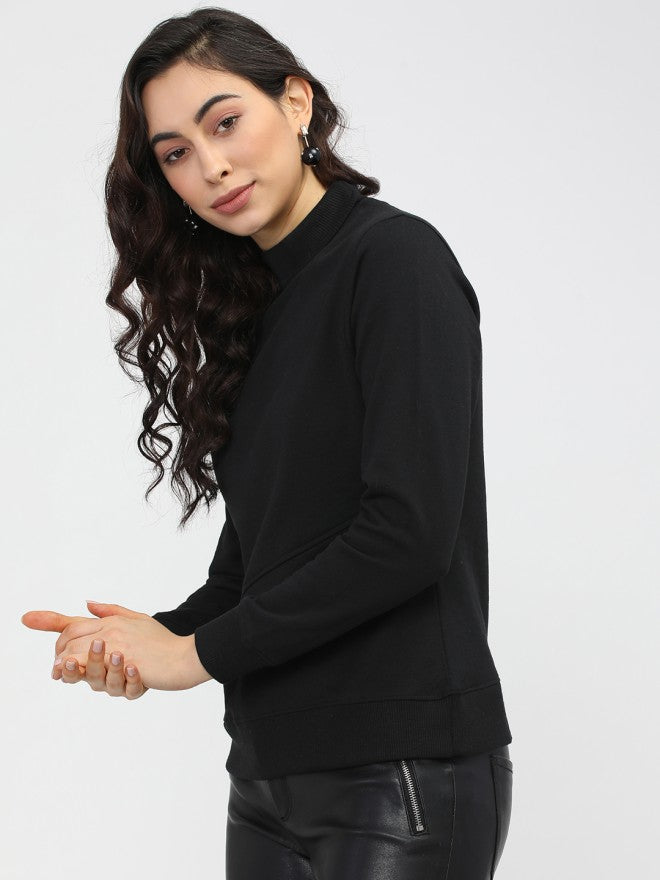 Tokyo Talkies Women Black Solid Pullover High Neck Sweatshirt - Black - Image 1