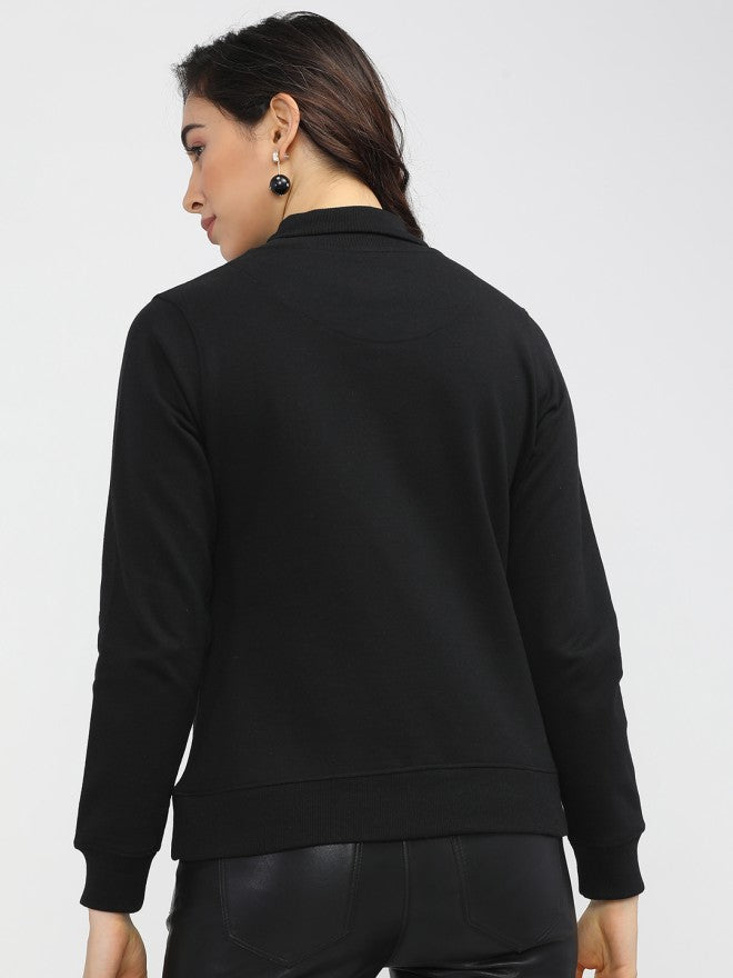 Tokyo Talkies Women Black Solid Pullover High Neck Sweatshirt - Black - Image 2