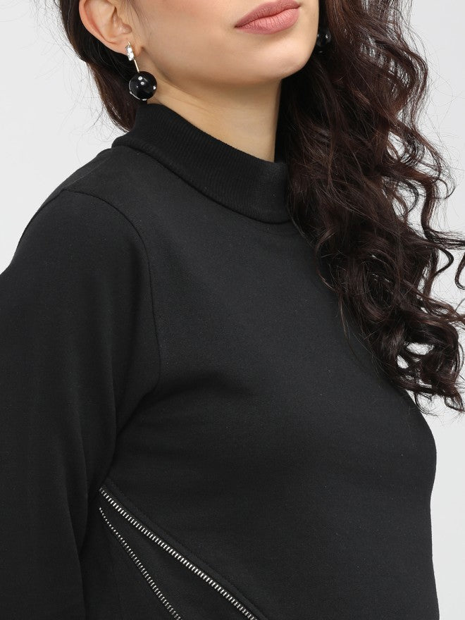 Tokyo Talkies Women Black Solid Pullover High Neck Sweatshirt - Black - Image 3