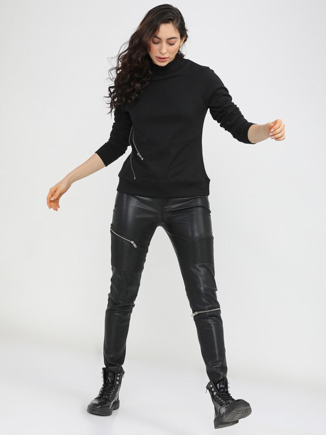 Tokyo Talkies Women Black Solid Pullover High Neck Sweatshirt - Black - Image 4