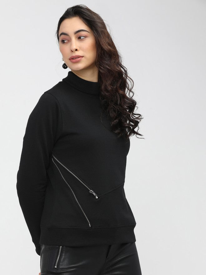 Tokyo Talkies Women Black Solid Pullover High Neck Sweatshirt - Black - Image 5