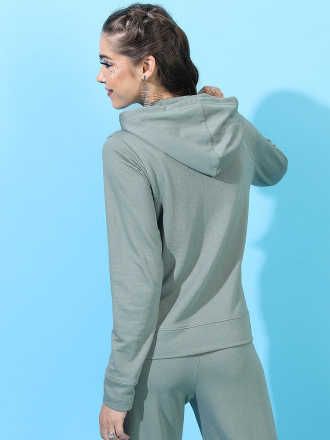 Tokyo Talkies Women Olive Solid Front Open Round Neck Sweatshirt - Olive - Image 2