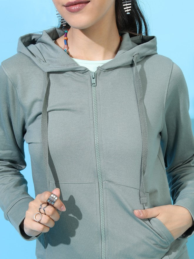 Tokyo Talkies Women Olive Solid Front Open Round Neck Sweatshirt - Olive - Image 3