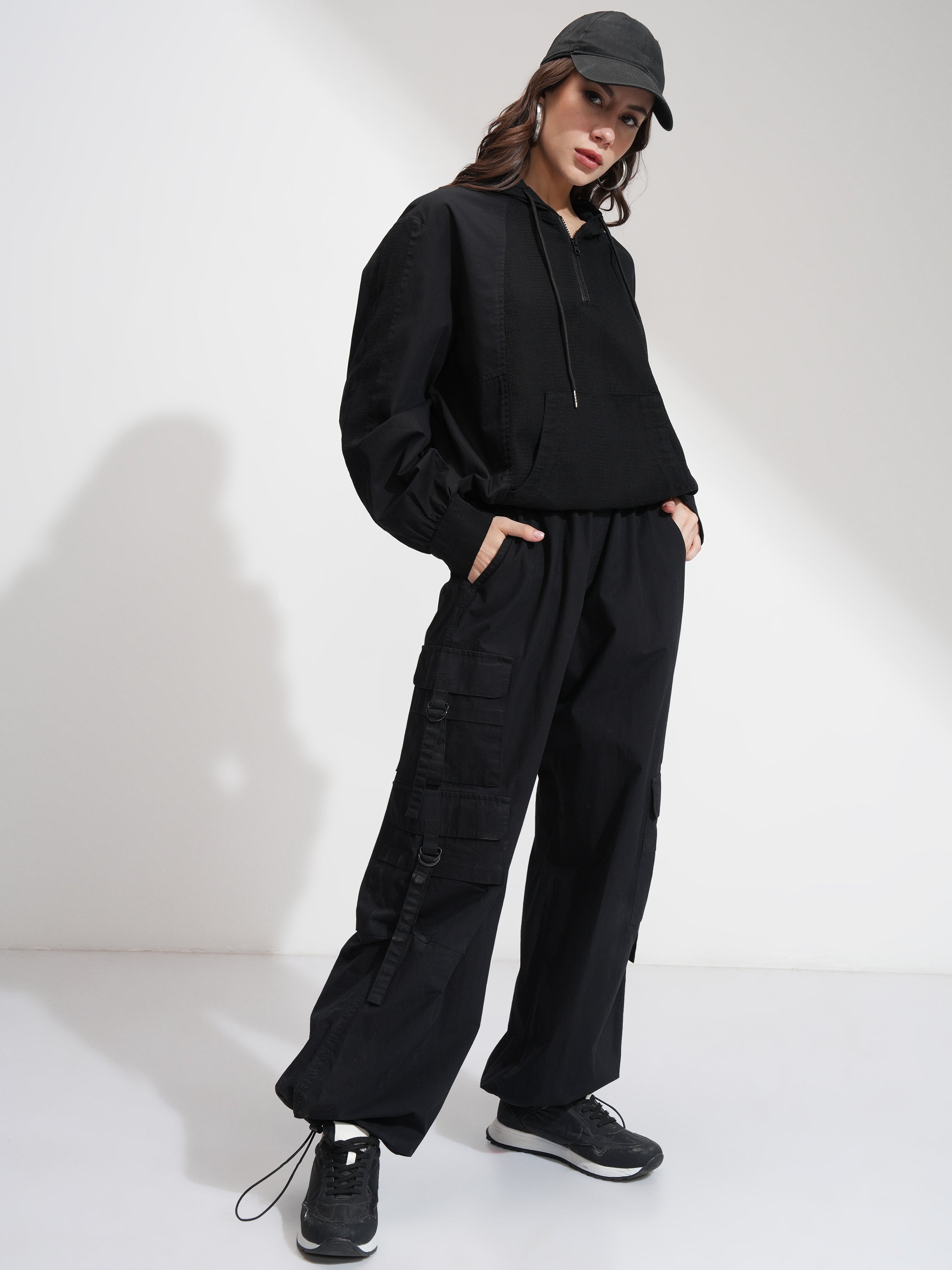 Tokyo Talkies Women Black Solid Pullover Hood Sweatshirt - Black - Image 2