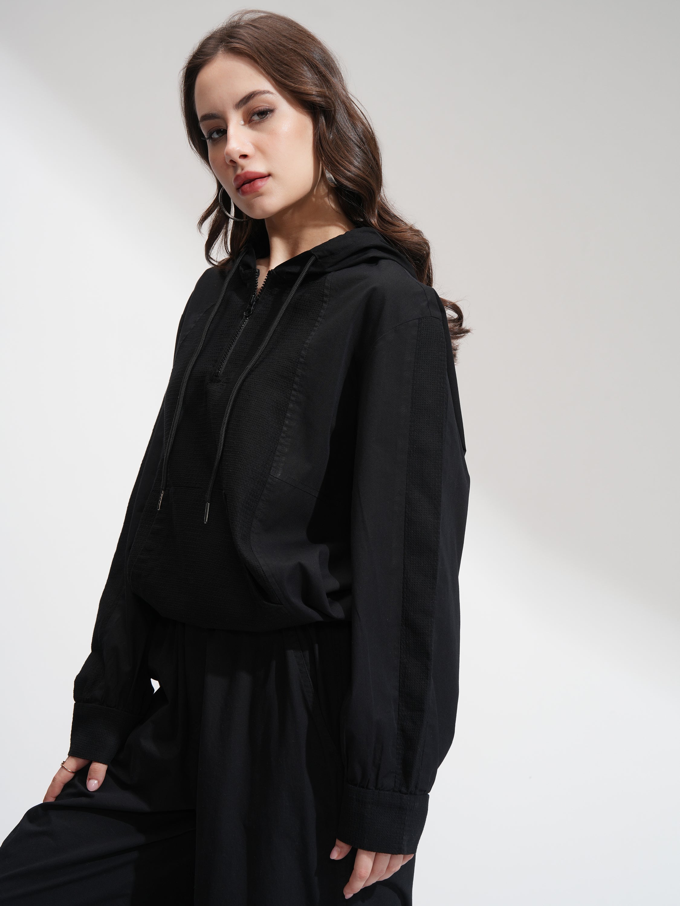 Tokyo Talkies Women Black Solid Pullover Hood Sweatshirt - Black - Image 4