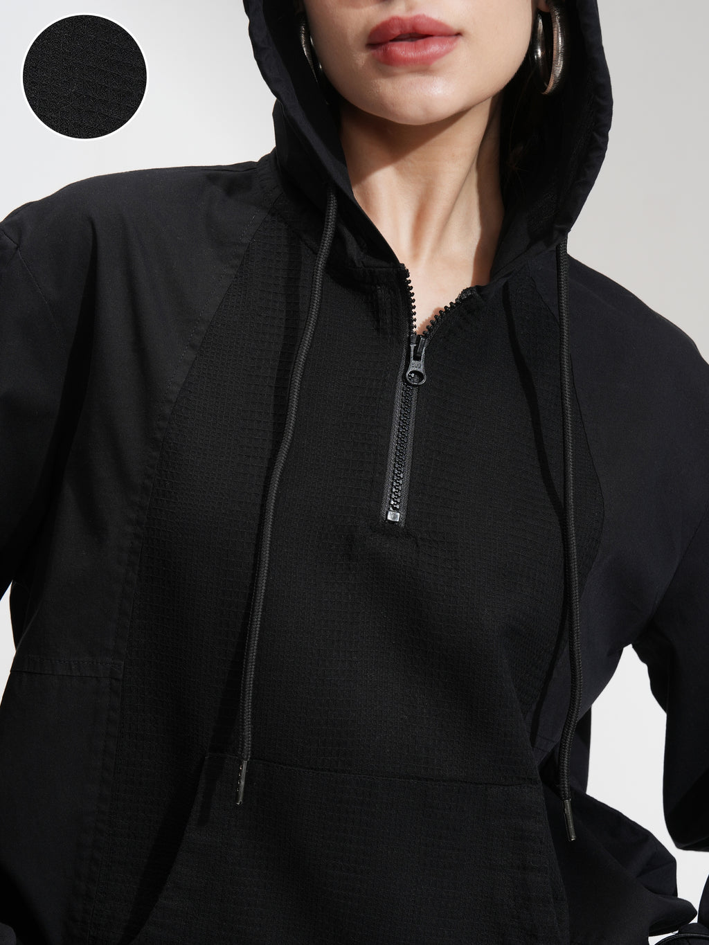 Tokyo Talkies Women Black Solid Pullover Hood Sweatshirt - Black - Image 5
