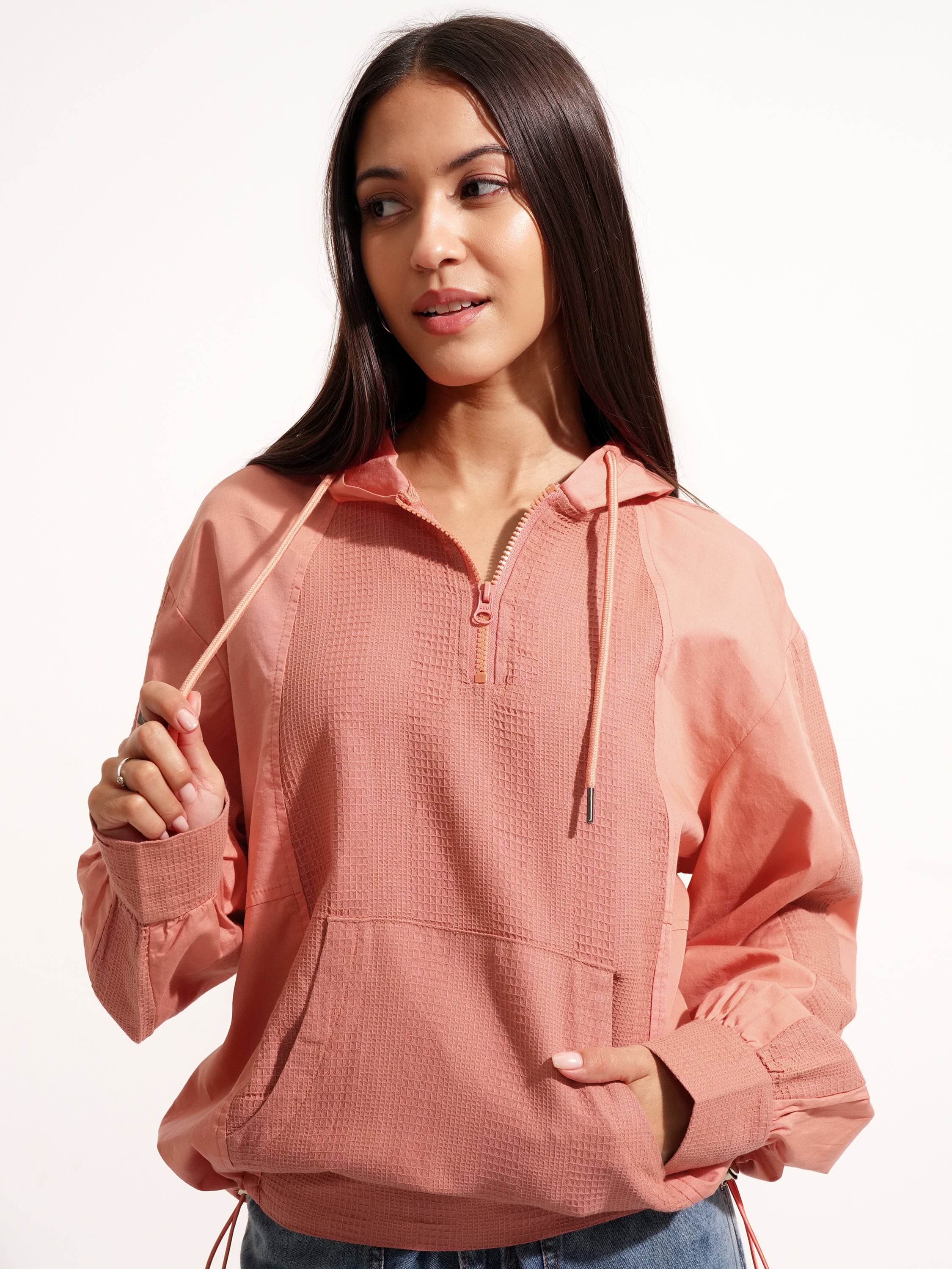 Tokyo Talkies Women Orange Solid Pullover Hood Sweatshirt - Orange - Image 1