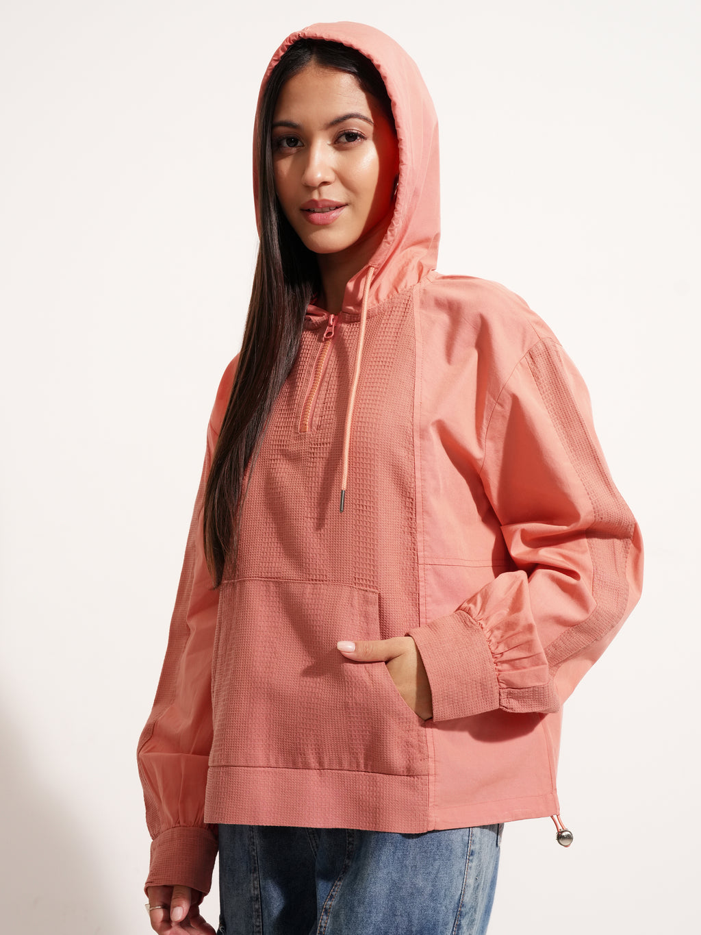 Tokyo Talkies Women Orange Solid Pullover Hood Sweatshirt - Orange - Image 4
