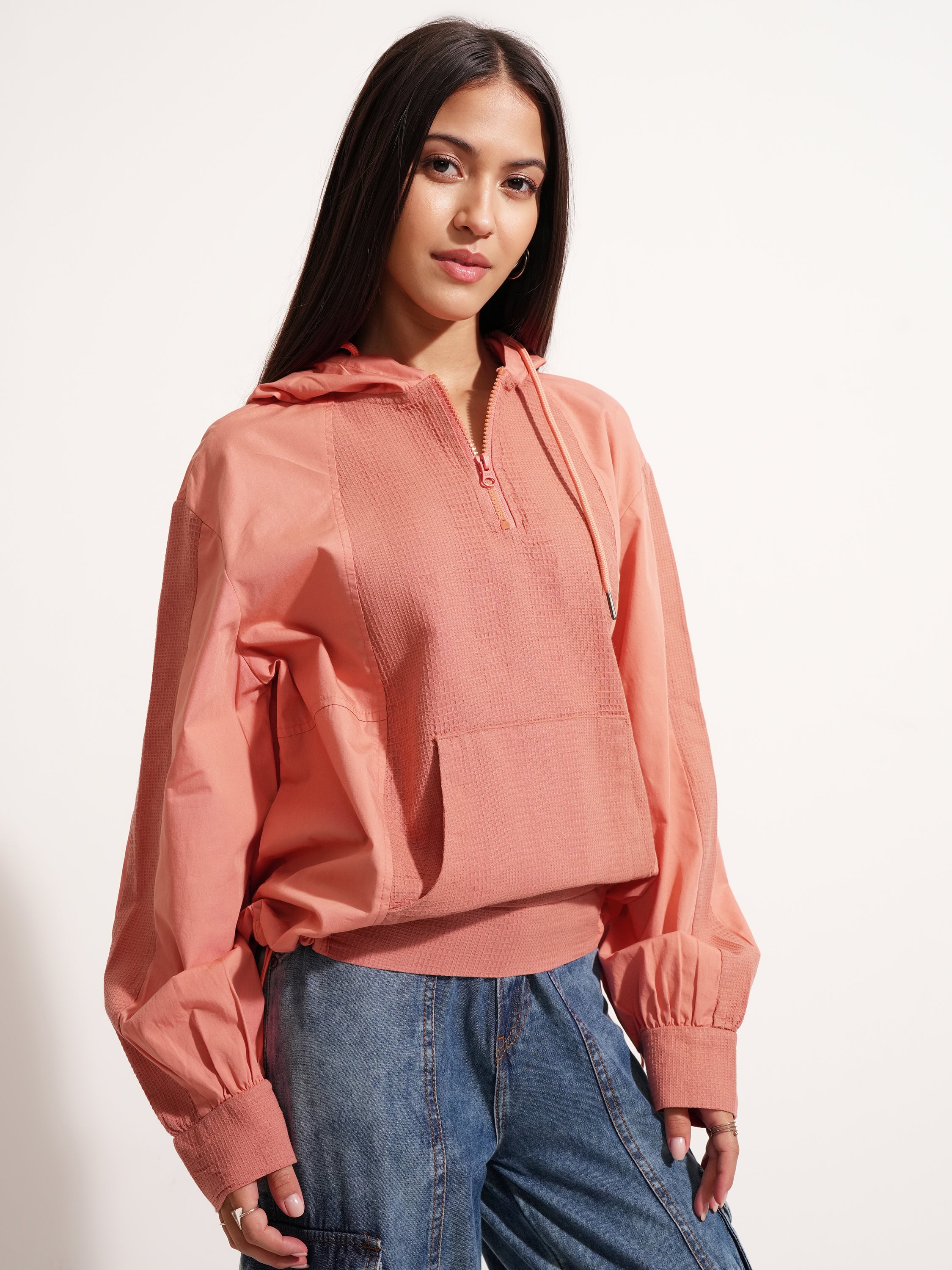 Tokyo Talkies Women Orange Solid Pullover Hood Sweatshirt - Orange - Image 6