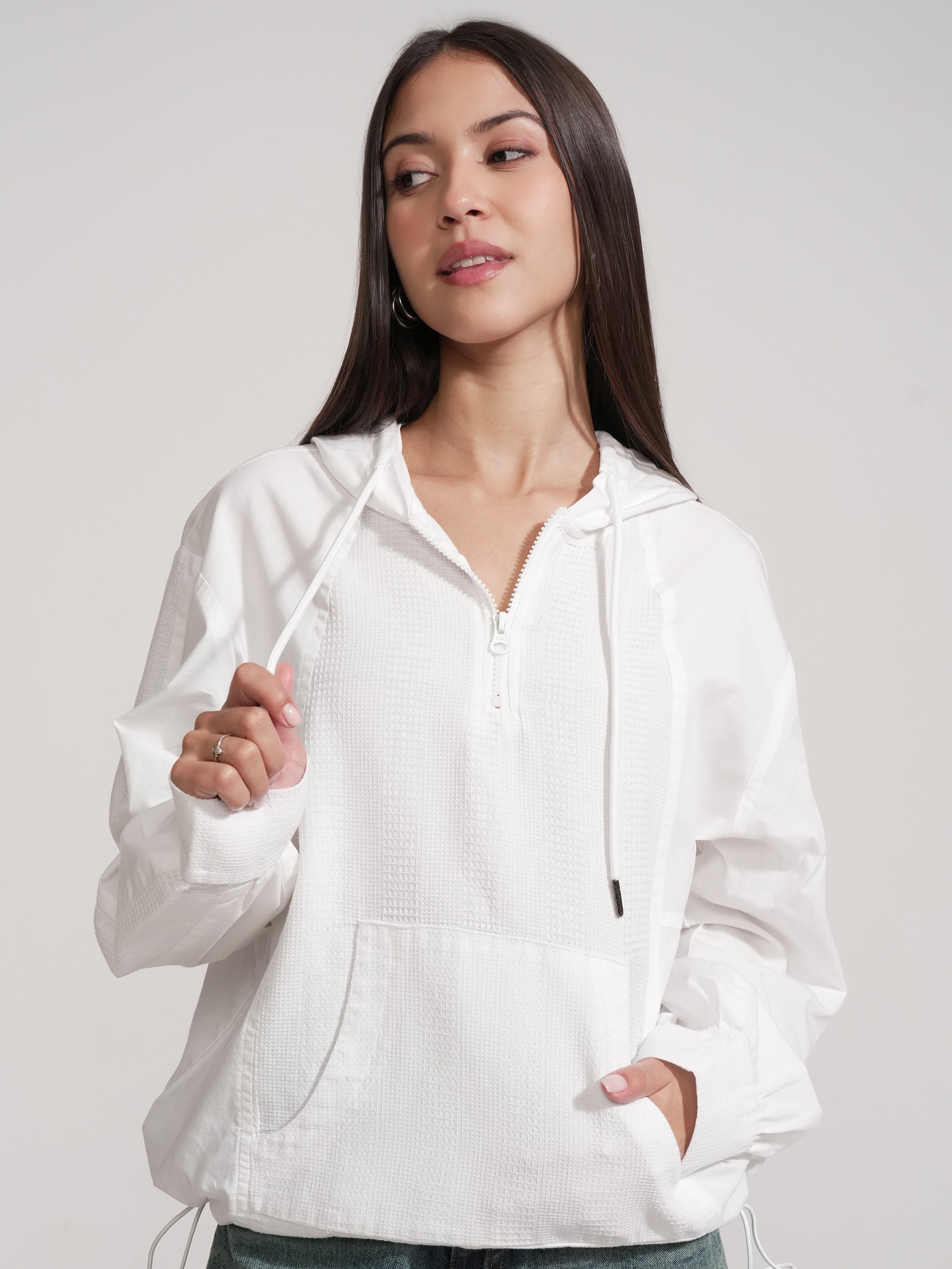 Tokyo Talkies Women White Solid Pullover Hood Sweatshirt - White - Image 1