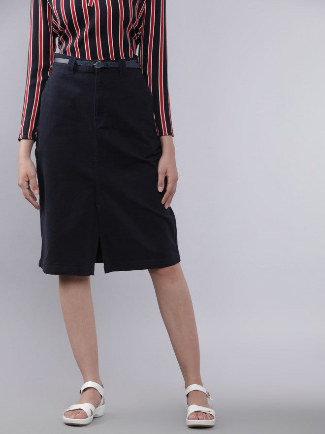Navy Blue Cotton Blend Straight Printed Knee Length Skirt - Navy Blue - Image 1
